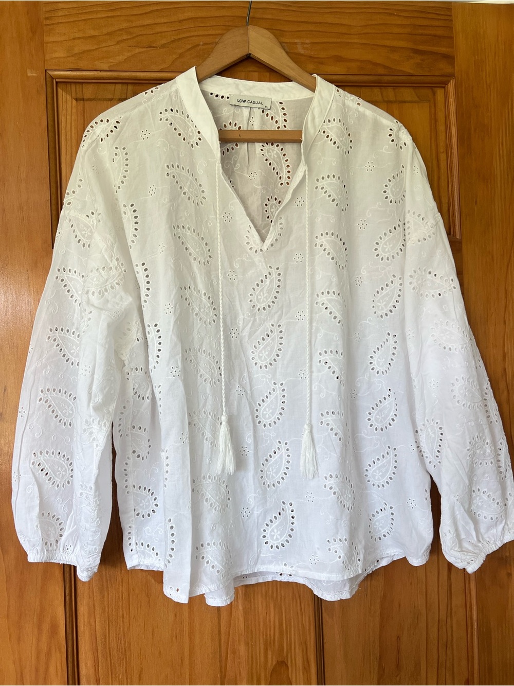 LC Waikiki White Eyelet V-Neck Peasant Top- XL